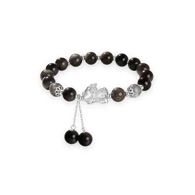 中国黄金 珍·尚银 国潮招财纳福情缘貔貅新中式国风财源滚滚小众轻奢设计 简约百搭流苏 礼盒装 黑曜石 手串 男女同款情侣款