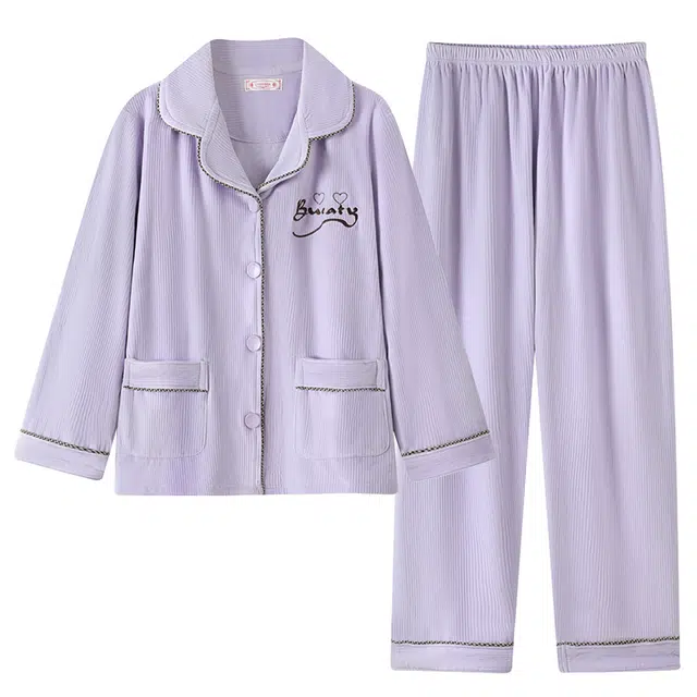 俞兆林 甜美翻领长袖长裤加厚舒适保暖高级感开衫可外穿睡衣套装 女款 紫色