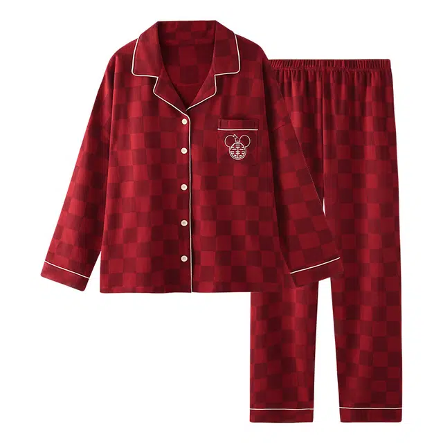 欧诗帛 可外穿简约舒适亲肤长袖长裤睡衣套装 女款 红色