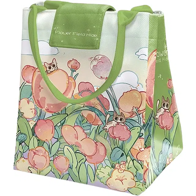 奥松 饭盒袋保温便携上班族日系布乐扣乐便当包大容量方形 绒面科技布 手提包 女款 花野藏