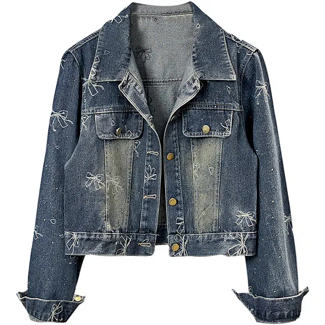 她池 港风翻领单排扣短款长袖牛仔外套 女款 深蓝色