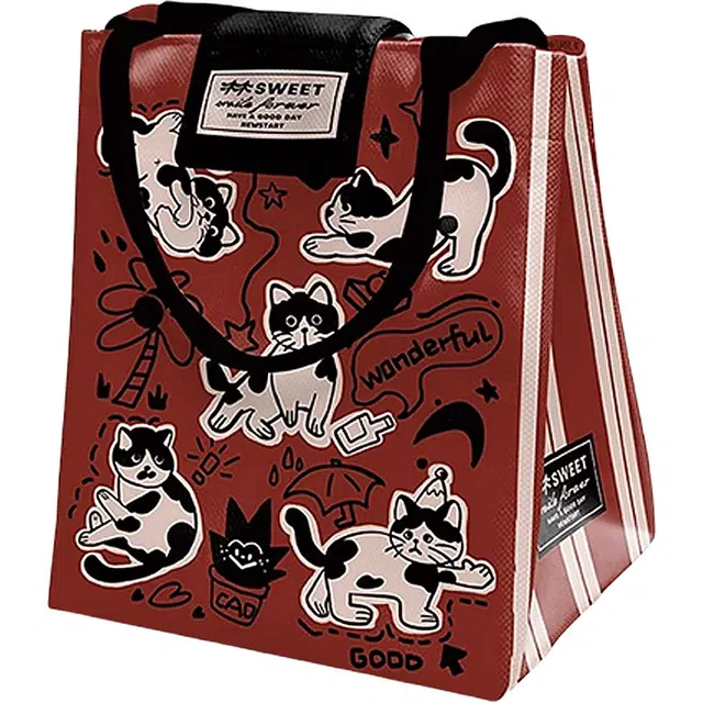 奥松 家用家居奶牛喵饭盒袋 绒面科技布 手提包 男女同款情侣款 红色