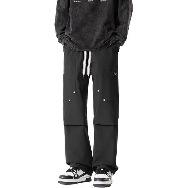 八哥 纯色基础简约款百搭系带松紧日常通勤多口袋百搭直筒伞兵休闲裤 男女同款