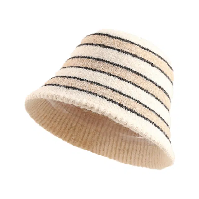 木林森 条纹毛绒帽子秋冬季保暖显脸小针织渔夫帽可折叠显脸小素颜桶帽 腈纶 帽子 男女同款情侣款