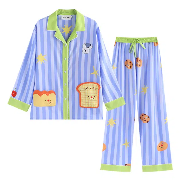 侘町 撞色条纹翻领长袖上衣家居服长裤睡衣套装 女款 图色