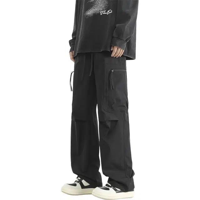 八哥 学院风基础简约宽松系带直筒脚口调节多口袋伞兵休闲裤 男女同款