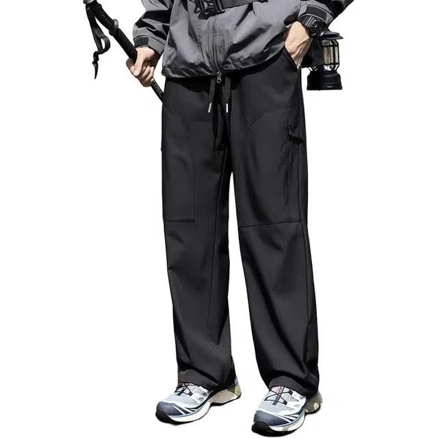 八哥 美式多口袋学院风纯色系带百搭直筒休闲裤 男女同款