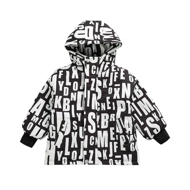 木木兔 洋气时尚宽松百搭字母满印棉衣 黑色 中小童
