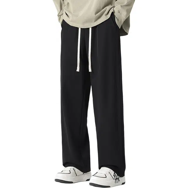 八哥 学院风纯色简约机能基础款系带松紧直筒百搭宽松休闲裤 男女同款