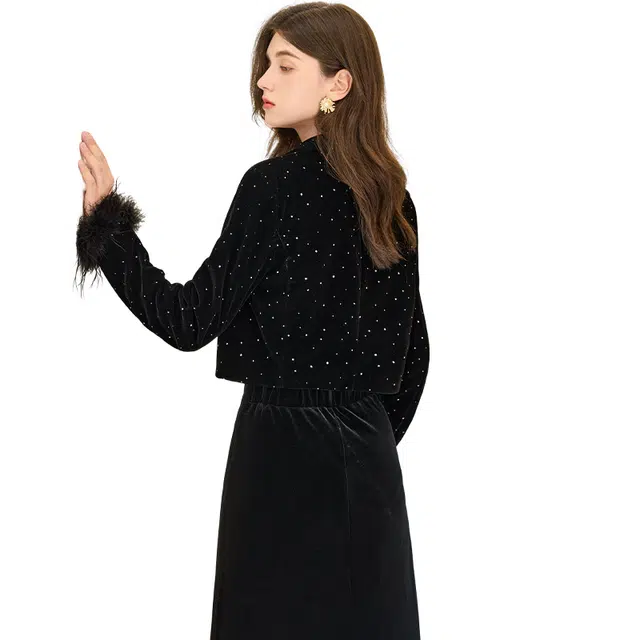 她池 重工烫银简约拼接短款西装领截短外套 女款 黑色