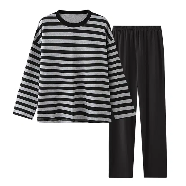 欧诗帛 可外穿简约休闲舒适长袖长裤睡衣套装 女款 黑灰色