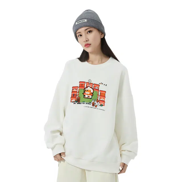 李宁 运动时尚系列 像素风趣味印花加绒保暖宽松卫衣 情侣款 白色