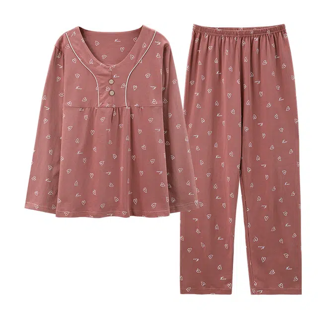 睦隆世家 可外穿经典纯色气质轻熟风细腻亲肤舒适长袖长裤套头家居服休闲睡衣套装 女款 砖红色