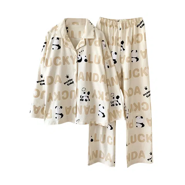 欧诗帛 甜美可爱卡通舒适长袖长裤可外穿睡衣套装 女款 杏色