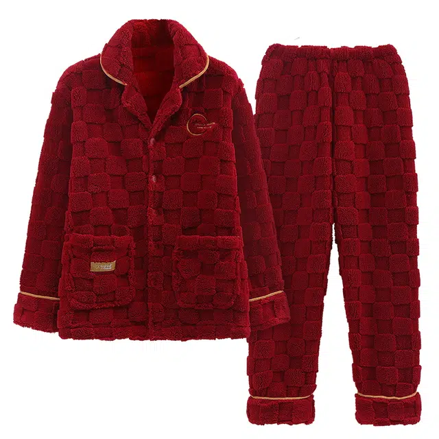 莫代尔 保暖亲肤舒适蓄热透气简约时尚家居服长袖长裤可外穿不臃肿开衫睡衣套装 男女同款 红色