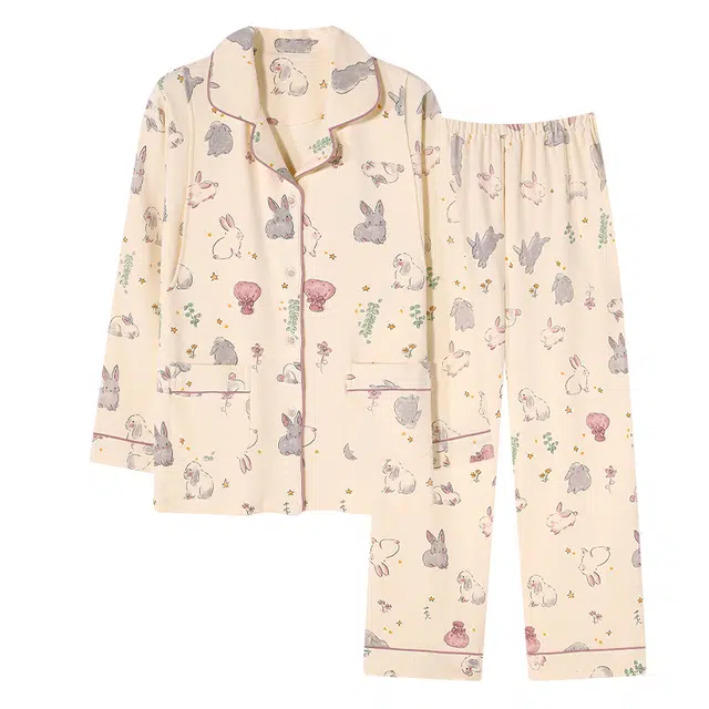 欧诗帛 简约舒适亲肤休闲长袖长裤睡衣套装 女款 杏色