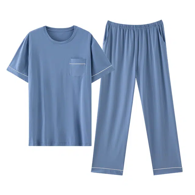 梦特娇 柔软亲肤可外穿圆领短袖长裤家居服舒适透气睡衣套装 男款 蓝色