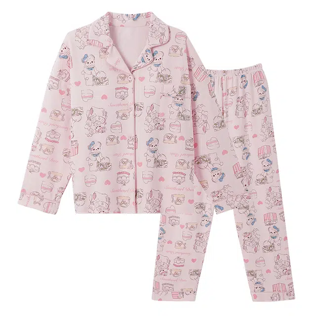 欧诗帛 带胸垫简约卡通满印长袖长裤睡衣套装 女款 粉色