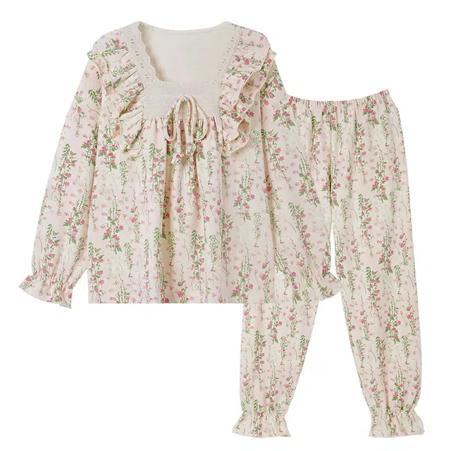 欧诗帛 带胸垫休闲简约长袖长裤可外穿睡衣套装 女款 杏色