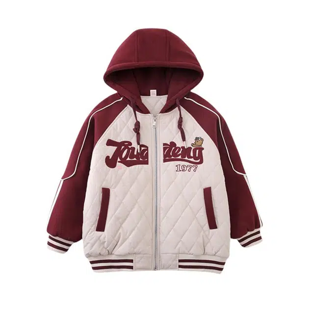 木木兔 连帽舒适亲肤拼色长袖棉衣 酒红色 青少年