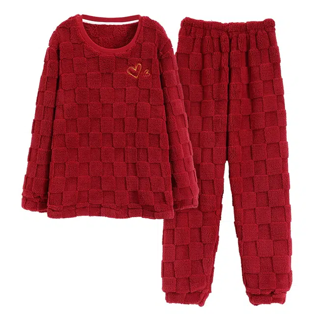 莫代尔 保暖亲肤舒适透气细腻圆领气质时尚家居服长袖长裤可外穿睡衣套装 男女同款 红色