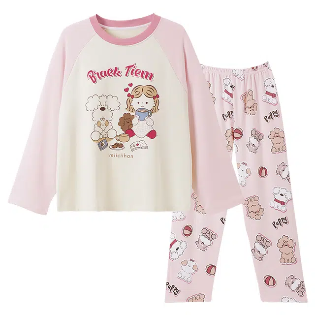 欧诗帛 带胸垫舒适卡通长袖长裤睡衣套装 女款 粉色