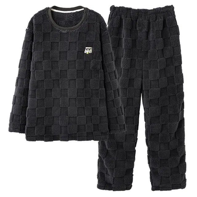 睦隆世家 格子肌理感亲肤上衣保暖可外出长裤睡衣套装 男女同款