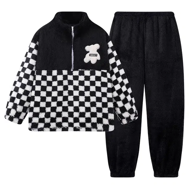 乐姿韵 棋盘格立领亲肤上衣纯色保暖舒适长裤睡衣套装 男款 黑绒