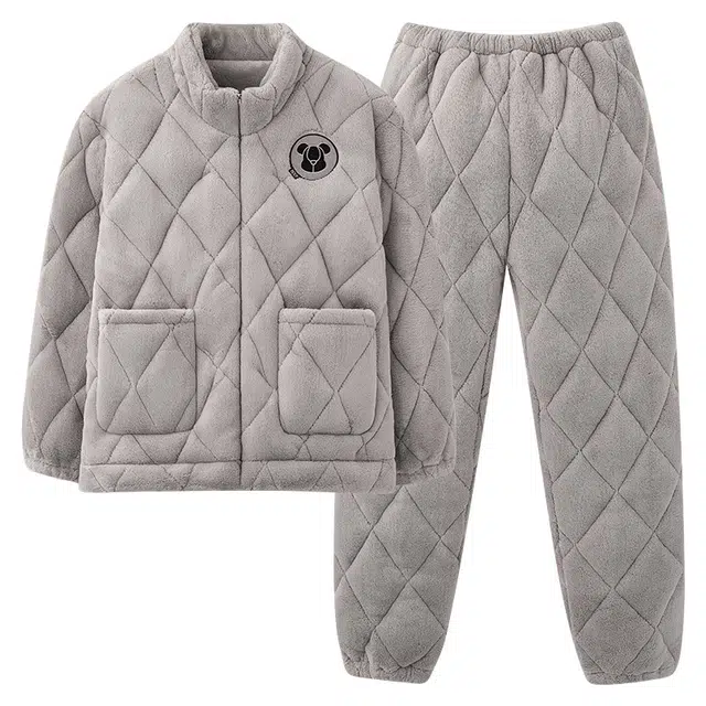 俏霓桐 保暖蓄温三层夹棉加厚长袖长裤可外穿睡衣套装 女款 浅灰色