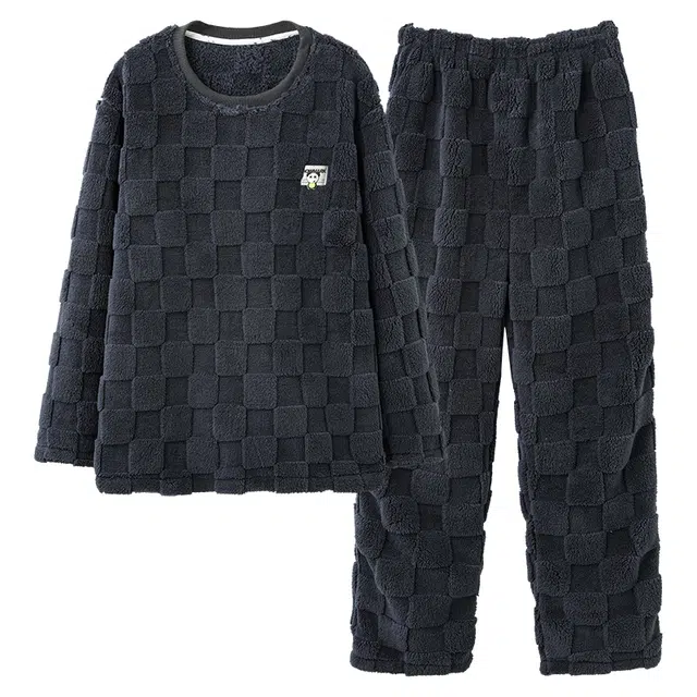 睦隆世家 韩版可外穿微弹亲肤柔软舒适耐磨长袖长裤家居服圆领加厚睡衣套装 男女同款