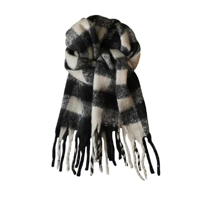 北极绒 高级感黑白格子长款韩版秋冬季学生加厚保暖马海毛 绒线围巾 男女同款情侣款
