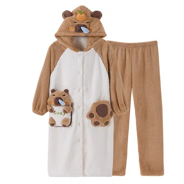 欧诗帛 柔软舒适连帽单排扣中长款外袍长裤睡衣套装 女款 图片色