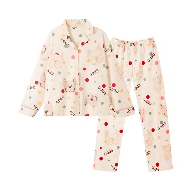 欧诗帛 翻领简约卡通舒适长袖上衣松紧腰长裤睡衣套装 女款 杏色