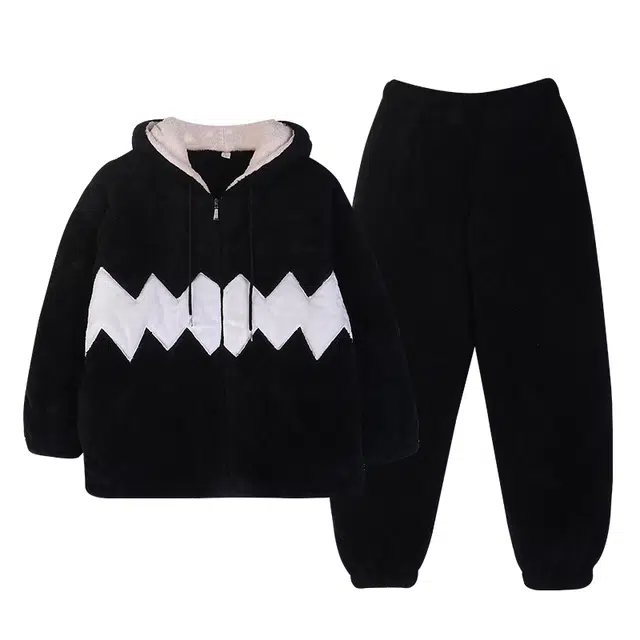 俏霓桐 时尚保暖蓄温三层夹棉加厚拉链连帽长袖长裤可外穿睡衣套装 男款 黑白色