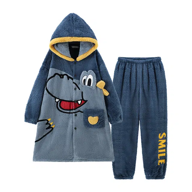 俏霓桐 保暖蓄温加厚卡通连帽中长款睡袍长裤可外穿睡衣套装 男款 图色