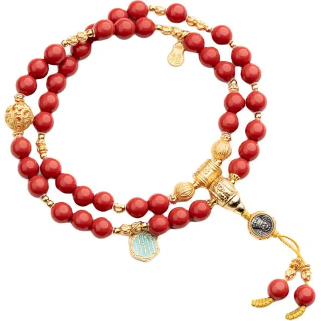 仙源 五条文 招财转运本命年复古新中式圆珠 平安福 再造辰砂朱砂 手串 男女同款情侣款