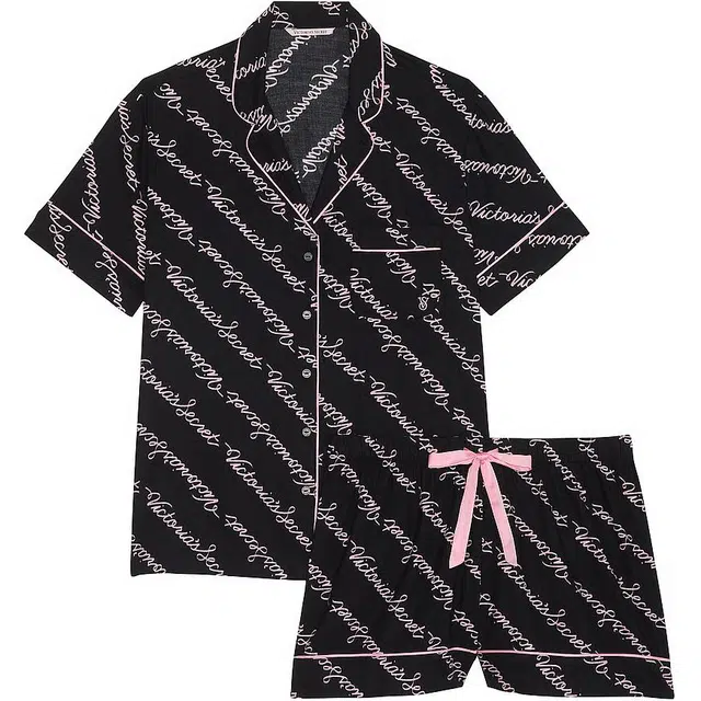 Victoria's Secret Flannel Short Pajama Set BLACK RIBBON SCRIPT
