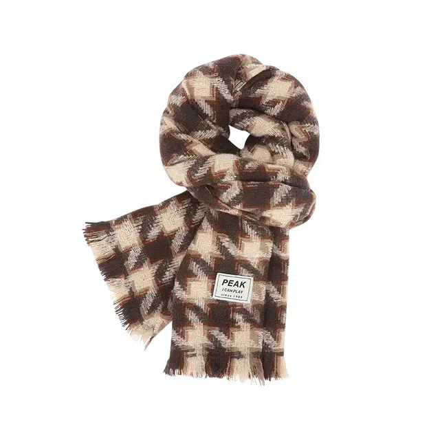 匹克 韩系流苏冬季保暖加厚千鸟格百搭 绒线围巾 男女同款情侣款