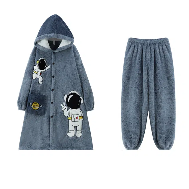 俏霓桐 卡通宇航员连帽单排扣中长款长袖睡袍长裤保暖蓄温加厚可外穿睡衣套装 男款 蓝色