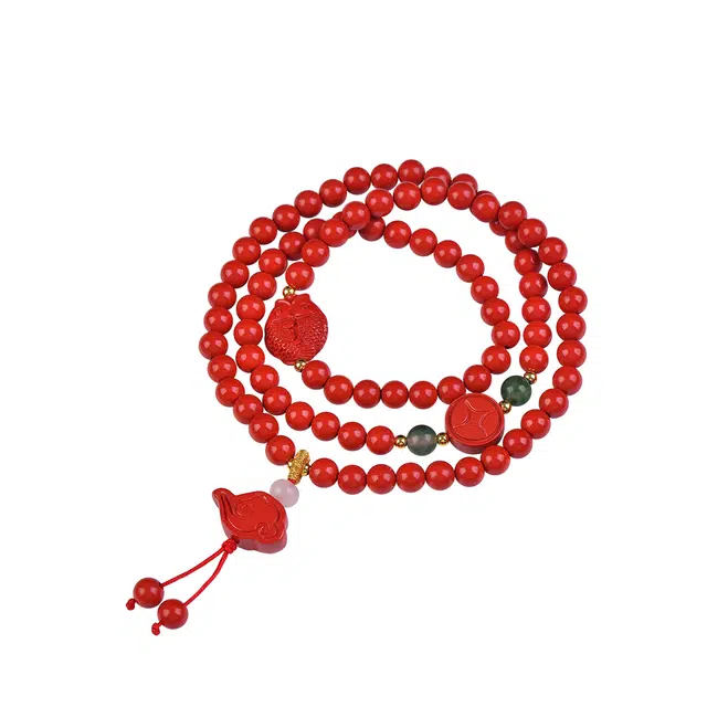 石在行 收藏级高含量复古红砂平安招财进宝 国潮新中式 吉祥如意 三圈佛珠念珠文玩 朱砂 手串 男女同款情侣款