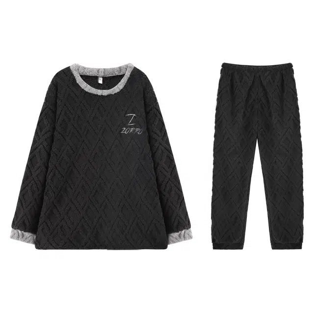 俏霓桐 时尚休闲保暖蓄温长袖圆领可外穿睡衣套装 男款 黑色