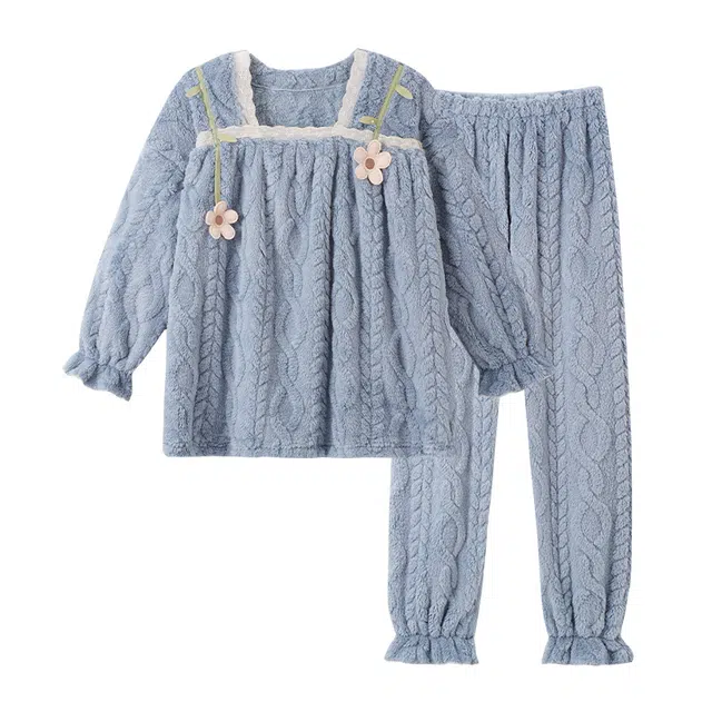 欧诗帛 柔软舒适方领花朵长袖长裤可外穿睡衣套装 女款 蓝色