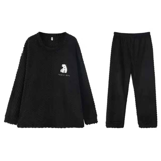 俏霓桐 纯色简约印花圆领上衣保暖蓄温长裤睡衣套装 男款 黑色