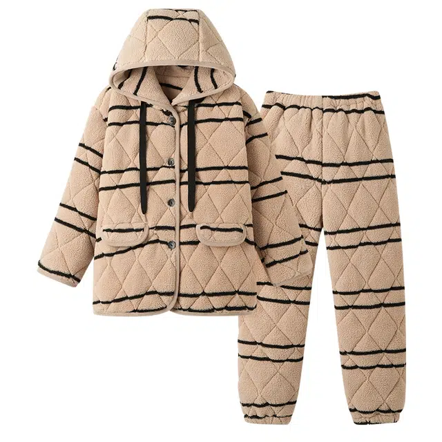 宫蝶 休闲连帽防风加厚保暖家居服可外穿睡衣套装 女款 卡其色