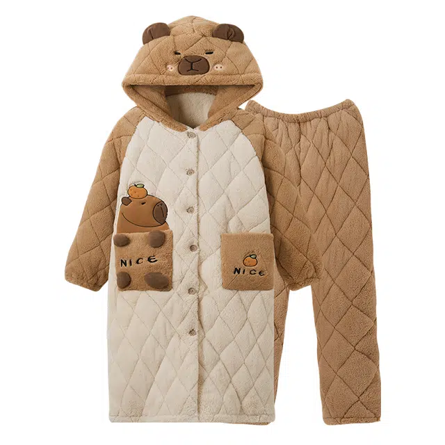 欧诗帛 保暖三层夹棉卡通可爱舒适睡衣套装 女款 棕色