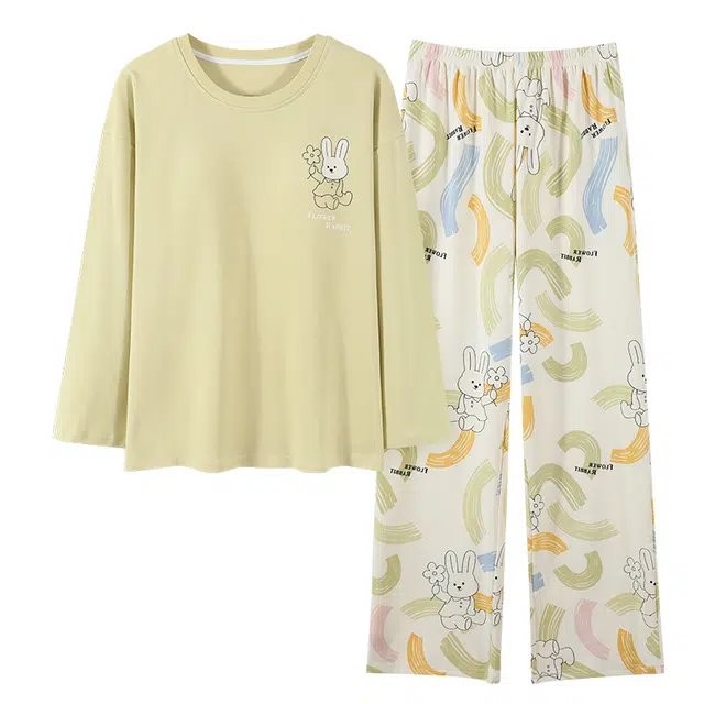 莫代尔 舒适柔软亲肤轻盈微弹吸汗细腻耐磨带胸垫防凸点长袖长裤不勒腹居家可外穿睡衣套装 女款 浅绿色