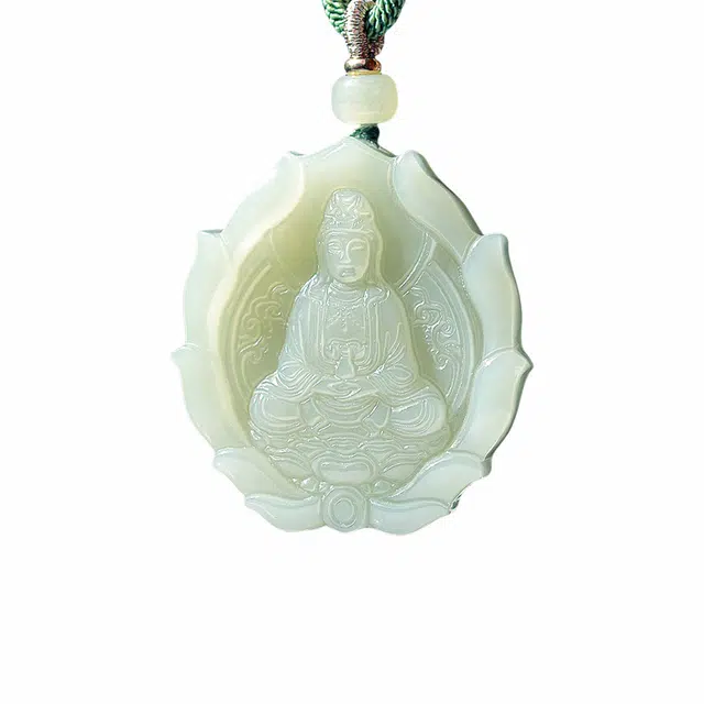 舒杰 双面精雕莲花观音 和田玉 青白玉 男女同款情侣款