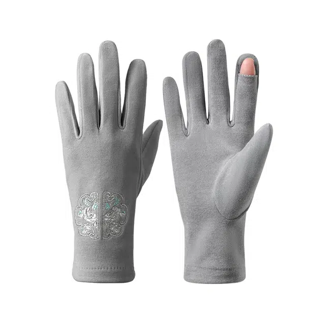 南极人 冬季加绒加厚防寒露指触屏户外骑车开车防风 国风刺绣 保暖手套 女款