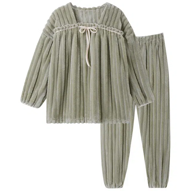 欧诗帛 加厚保暖方领套头长袖长裤可外穿睡衣套装 女款 绿色
