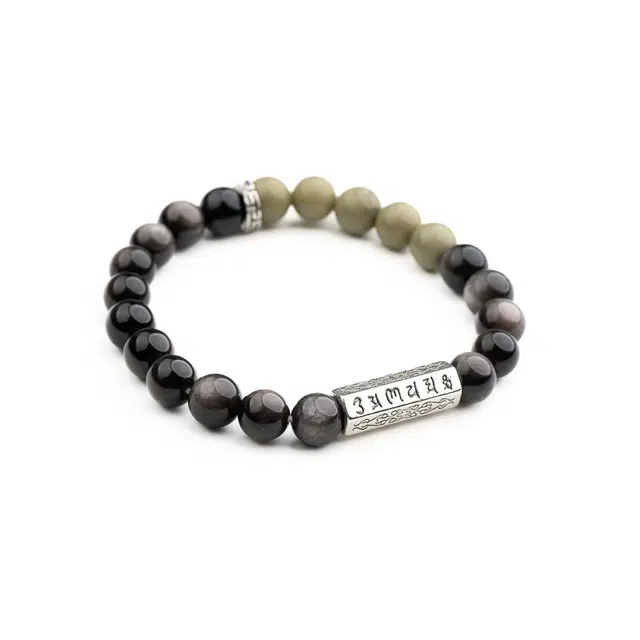 仙源 六字真言 个性国潮简约饰品新中式念珠单圈 平安福 节日生日送礼盒物 黑曜石 手串 男女同款情侣款